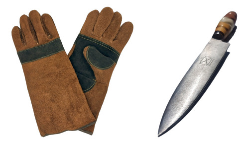 Kit Parrilla Guantes Asador Cuero Kevlar Cuchillo Acero Inox