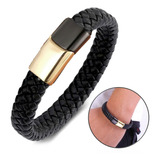 Pulseira Masculina Couro Trançado Preto Fecho Banhado A Ouro