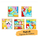 Pack X5 Bloques De Madera Animales Dinos Vehículos Didáctico