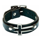 Pulseira Masculina Couro Cruz Bracelete Luxo Preto Ajustável