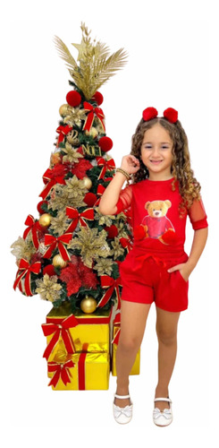 Conjunto Infantil Menina Vermelho Roupa Vermelha Natal Luxo