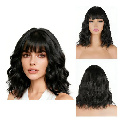 Pelucas Para Mujer Ondulada Corto Pelo Negra Cabello Natural | MercadoLibre