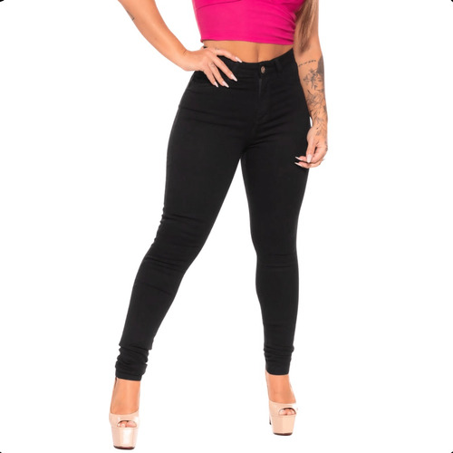 Calça Preta Jeans Feminina Skinny Cós Alto Levanta Bumbum