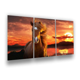 Quadro Decorativo Cavalo Paisagem Pôr Do Sol 3 Peças