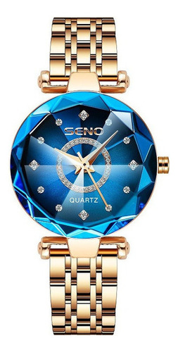 Reloj Impermeable Poligonal Con Esfera Diamante Para Mujer Color De La Correa Oro Rosa Color Del Bisel Oro Rosado Color Del Fondo Azul