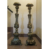 Antiguo Par Candelabros Altar Bronce Chapa Liviano 94cm Alto