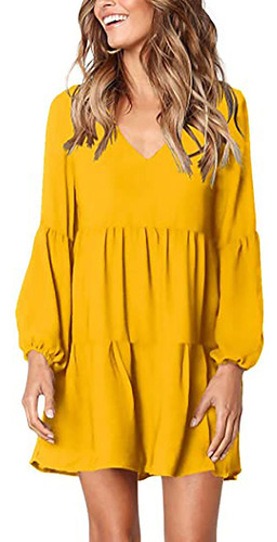 Vestido Manga Larga Color Sólido Casual Flowy