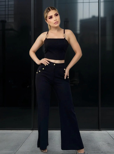 Pantalón Corte Campana Con Blusa Tirantes Cadena Elegante | Meses sin interés