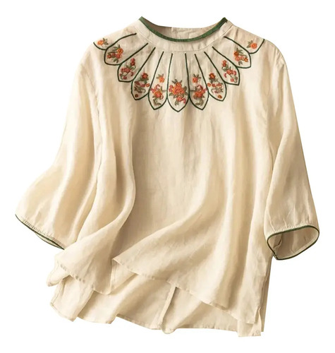 Blusa De Lino Renacentista Con Bordado, Cuello Redondo Y Man