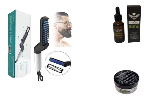 Kit Peine Alisador Barba, Aceite D Barba Y Cera Pelo Barbero