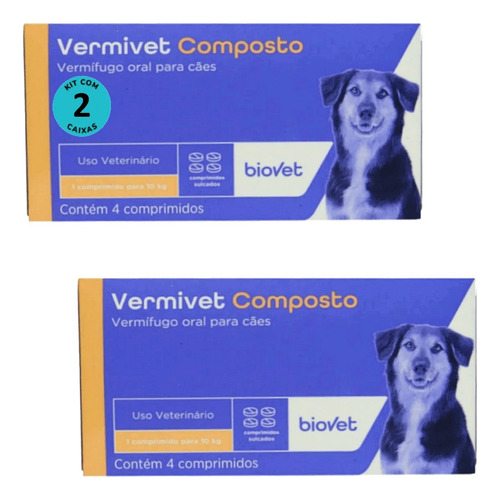 Kit Vermífugo Vermivet Composto Biovet 600mg 4 Comp C/ 2 Un.