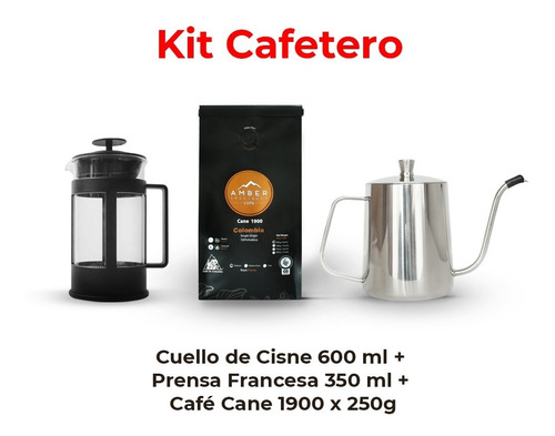 Prensa Francesa 350ml + Cuello Cisne 600ml + Café Amber