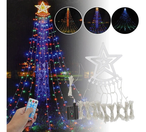 Luz Cortina Solar Árbol De Navidad Con Estrella Colores