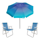 Kit Guarda Sol 2,2m Articula Azul Cadeira Dobrável Alumínio