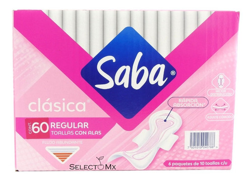 Toallas Femeninas Saba® Clásica, Regular Con Alas 60 Piezas