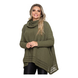 Poncho Tricot Xadrez E Gola  Alta Feminino