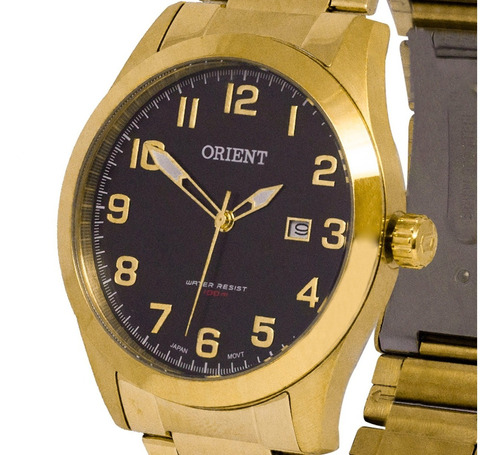 Relogio Dourado Fundo Preto Com Numero Orient Prova D'agua