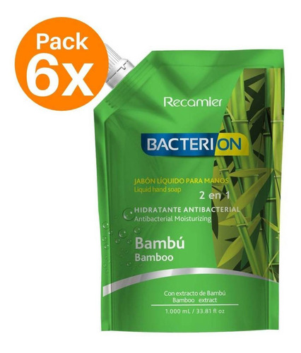 Bacterion Jabon Antibacterial Bambu 1000ml Pack 6 Unidades