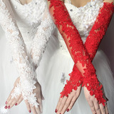 Guantes Largos De Encaje Rojo Marfil Para Novia Con Flores C