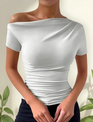 Camiseta De Un Hombro Plisada De Color Sólido Top Casual