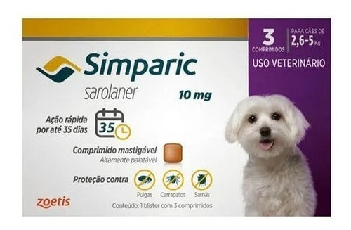 Simparic Antipulga E Carraparo P/ Cachorro 2,6 A 5kg 10mg