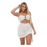 Conjunto 3 Peças Top Short Saia Saída D Praia Renda Detalhes