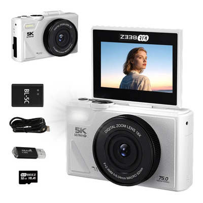 Kitbeez Cámara Digital, Cámara Retro WiFi de 75 MP, 5K UHD con Zoom de 18X, Pantalla Abatible de 3 Pulgadas, Admite Cámaras Web, Cámara Portátil de Viajes con Tarjeta 32GB SD | Meses sin interés