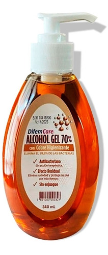 Alcohol Gel 70% Certificado 340 Ml Push-pull Con Cobre