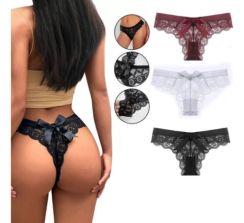 Paquete 3 Panty Bikini Señoras Tanga Cordón De Encaje Sexy