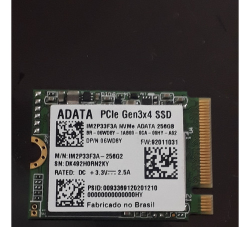 Ssd Adata 256gb M.2 Formato 2230 Nvme Pcie 3.0 X4