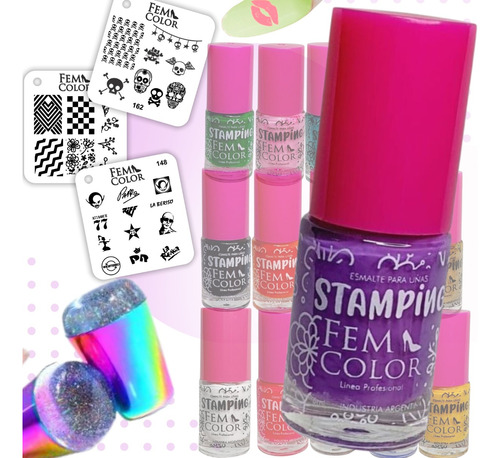 Kit Stamping 16 Esmaltes Fem Color 3 Placas Sello Lefemme