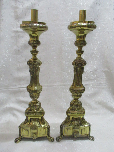 Antig Par Candelabros Altar Bronce Liviano Colonial Siglo 19