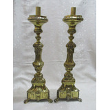 Antig Par Candelabros Altar Bronce Liviano Colonial Siglo 19