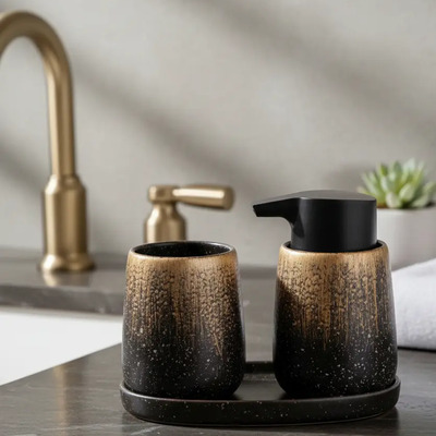 Juego De Baño Dispensador De Jabon Y Porta Cepillos Ceramica Negro | Envío gratis