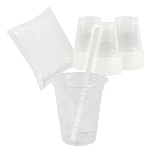 200 Vasos Desechables Plastico Tipo Cristal 16 Oz + Popotes