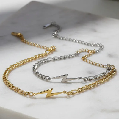 Kit 2 Pulsera Brazalete Trueno Esclava Rayo Muñeca/tobillo. Plateado Y Dorado 17 Cm