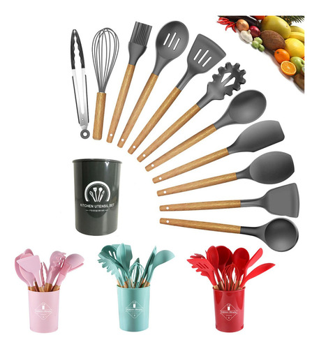 Kit Utensílios De Cozinha De Silicone 12pcs Premium Gourmet Cor Preto