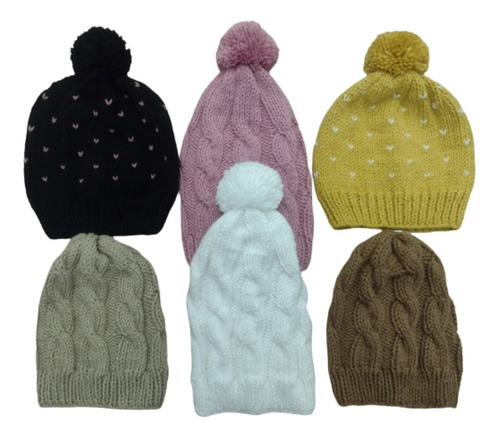 Gorros Tejidos Lana Mujer. Pompón X Mayor. 6 Unidades