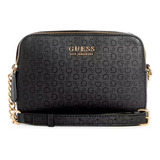 Bolsa  Guess Crossbody E02-3937s Diseño Liso De Cuero Sintético  Negra Con Correa De Hombro Negra Asas Color Rosa Y Herrajes Oro