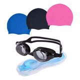 Kit Gafas + Gorro Silicona + Tapa Oídos Natación Color Negro