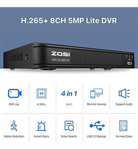 Sistema De Cámara De Video Hd-tvi 720p De 8 Canales Zosi, Gr Color 8ch Dvr+4 Cams