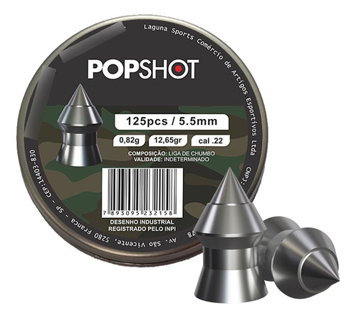 Chumbinho Popshot Plus Pointed 5,5mm C/125 Un Perfuração