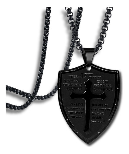 Collar Para Hombre Con Dije Escudo Cruz Cristiana De Acero 