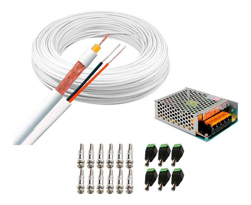 Cabo Coaxial Cftv 100 Metros + Bnc P4 Fonte 6 Câmeras