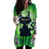 Camiseta Larga Holgada Con Gráfico De Halloween Con Gato