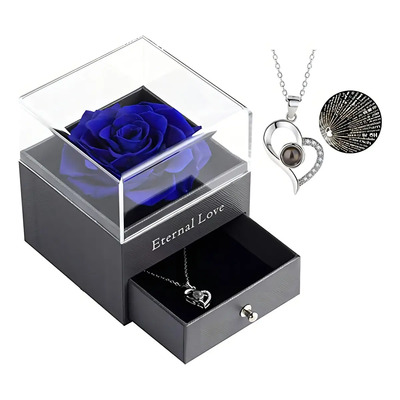 Rosa Real Eterna Y Collar Con Dije, Caja De Acrilico Color Azul | Meses sin interés