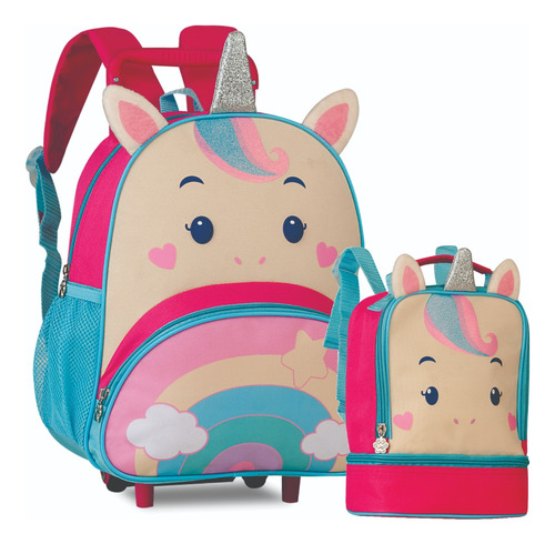 Mochila Infantil + Lancheira Feminina Com Rodinhas