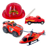 Kit Brinquedo Corpo De Bombeiros Chapéu Carrinho Helicóptero