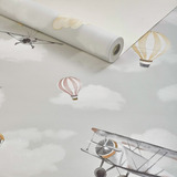 Papel De Parede Infantil Menino Avião Balão Nuvens Céu Aéreo