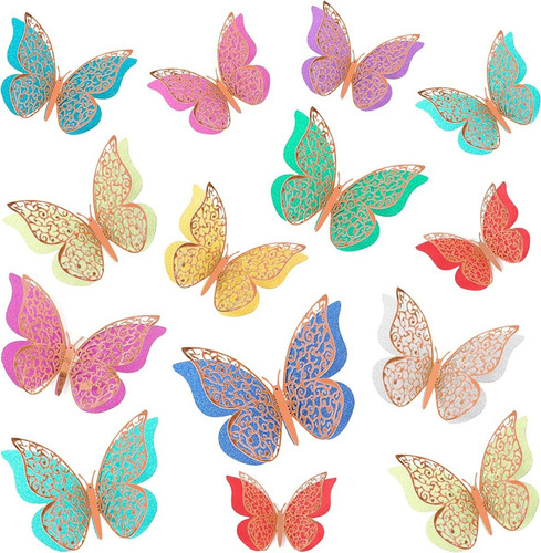 12 Mariposas 3d Papel Metalizado Decorativas Pared Oro Rosa